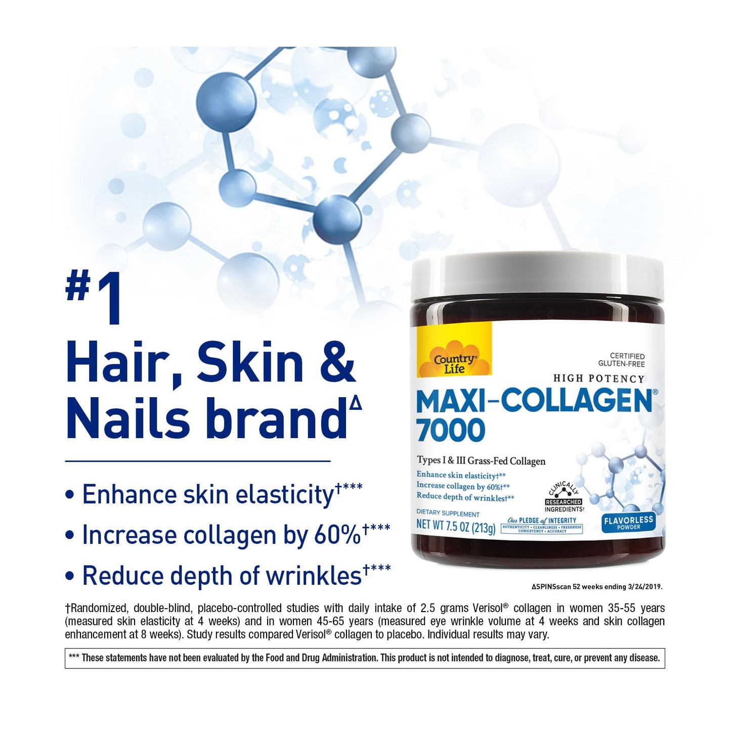 Country Life Maxi-Collagen 7000 Powder - Verisol Bioactive Collagen Peptides, Vitamin C, A & Biotin, 4,500 mg Types I & III Grass-Fed Collagen - Supports Skin, Hair, Nails & Joint Health, 7.5 oz - Medaid International