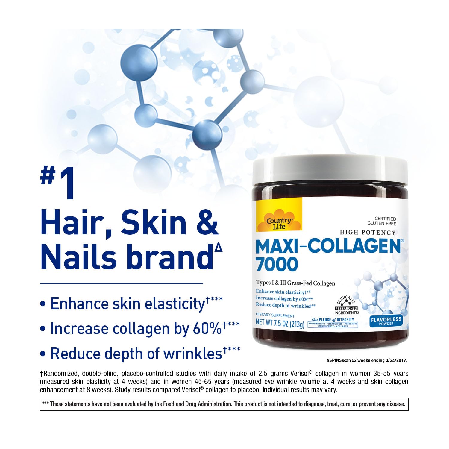 Country Life Maxi-Collagen 7000 Powder - Verisol Bioactive Collagen Peptides, Vitamin C, A & Biotin, 4,500 mg Types I & III Grass-Fed Collagen - Supports Skin, Hair, Nails & Joint Health, 7.5 oz - Medaid International