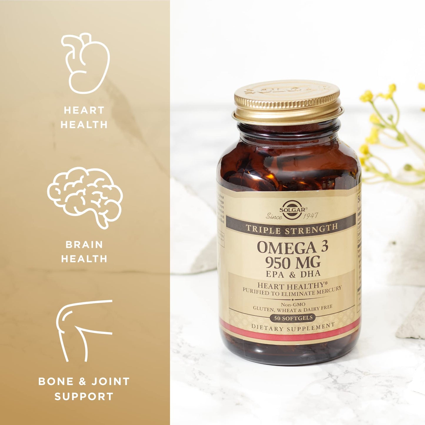 Solgar Triple Strength Omega 3 950 mg - 50 Softgels - Supports Joint & Skin Health - Non-GMO, Gluten Free, Dairy Free - 50 Servings - Medaid International