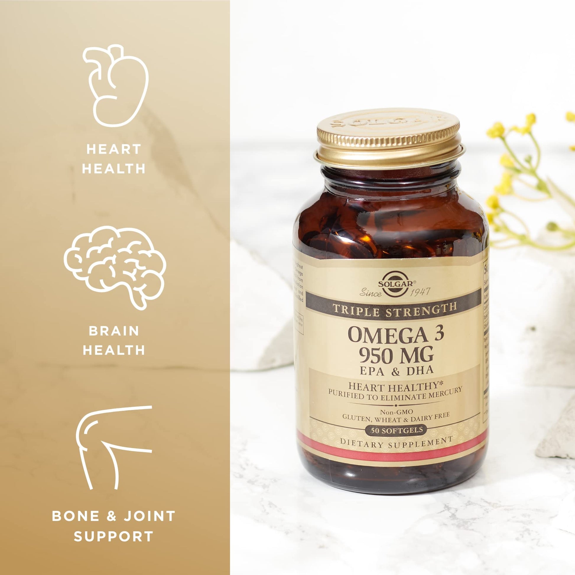 Solgar Triple Strength Omega 3 950 mg - 50 Softgels - Supports Joint & Skin Health - Non-GMO, Gluten Free, Dairy Free - 50 Servings - Medaid International