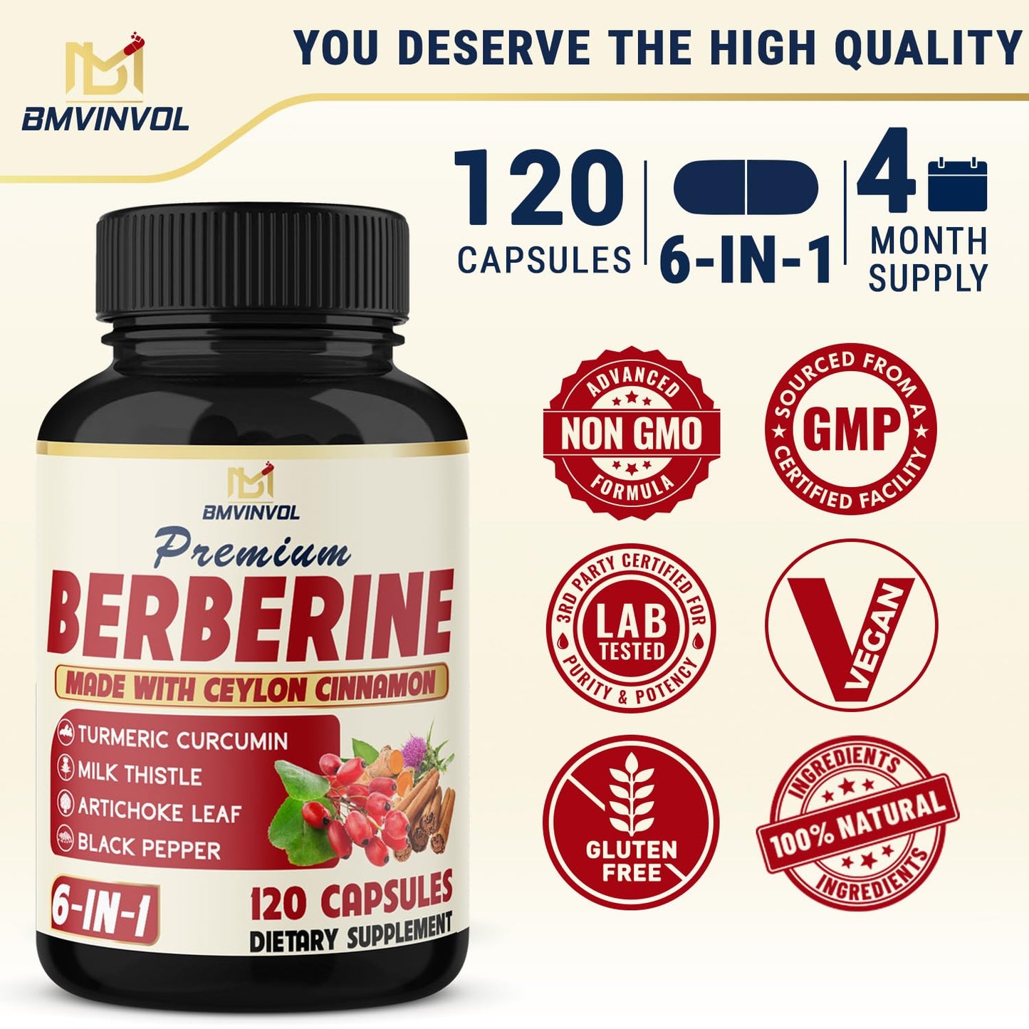 BMVINVOL 6in1 Berberine Supplement with Ceylon Cinnamon, Tumeric Root, Milk Thistle, Artichoke, Black Pepper -120 Capsules for 4 Month Supply - Medaid International