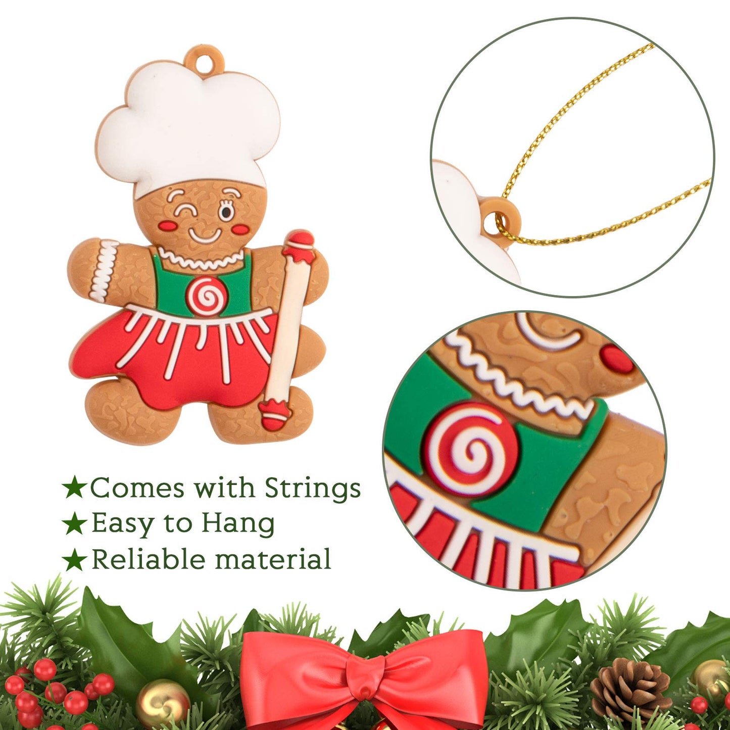 Whaline 15 pcs Christmas Gingerbread Ornaments Set 2" x 3" Ginger Man with Strings Figurine Hanging Ornaments for Xmas Tree Festive Season Holiday Party Decoration DIY Craft - Medaid International