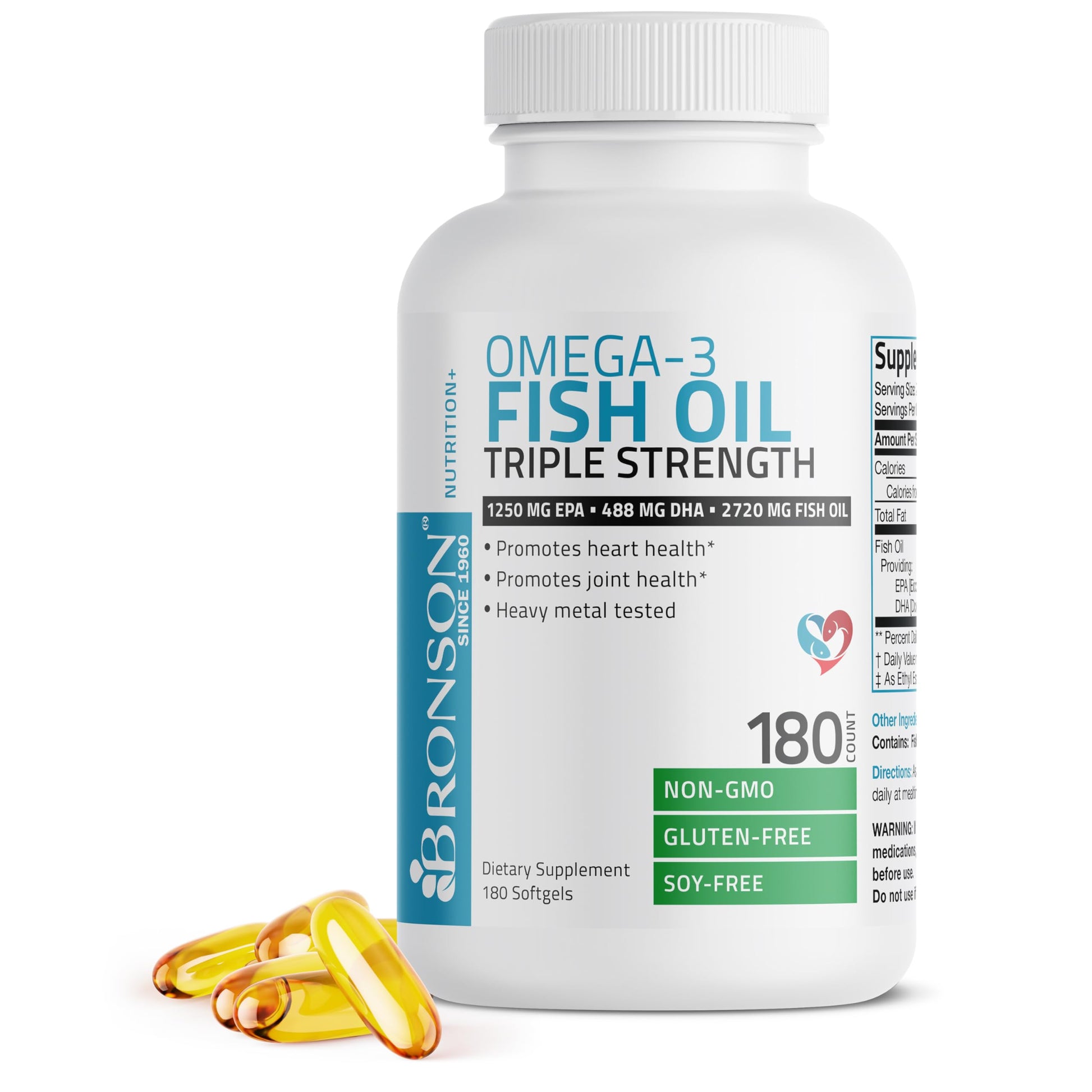 Bronson Omega 3 Fish Oil Triple Strength 2720 mg, High EPA 1250 mg DHA 488 mg, Non-GMO Heavy Metal Tested, 180 Softgels - Medaid International