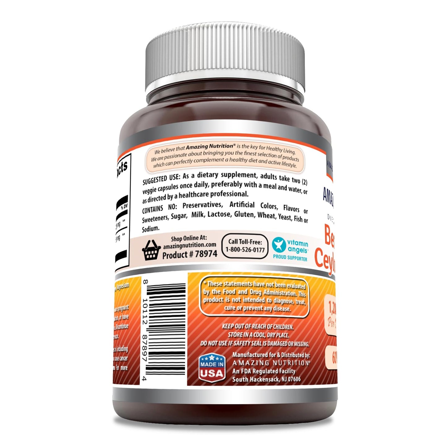 Amazing Formulas Berberine with Pure Ceylon Cinnamon 1200 Mg Per Serving | Premium Complex Supplement | Veggie Capsules | Non-GMO | Gluten Free | Made in USA (1 Pack, 60 Count) - Medaid International