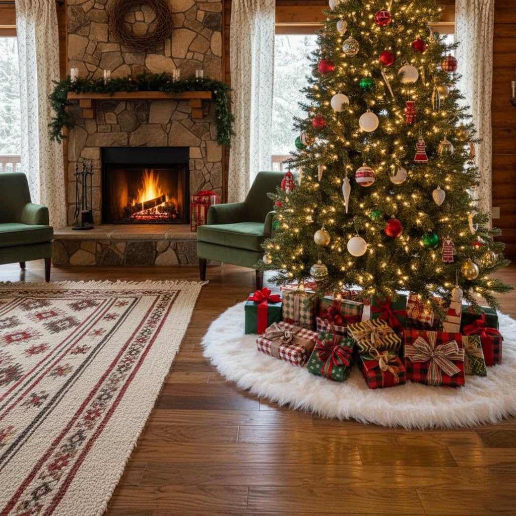 AISENO 48 Inch White Faux Fur Christmas Tree Skirt, Luxury Plush Tree Base Cover for Holiday Party and Home Christmas Decor - Medaid International