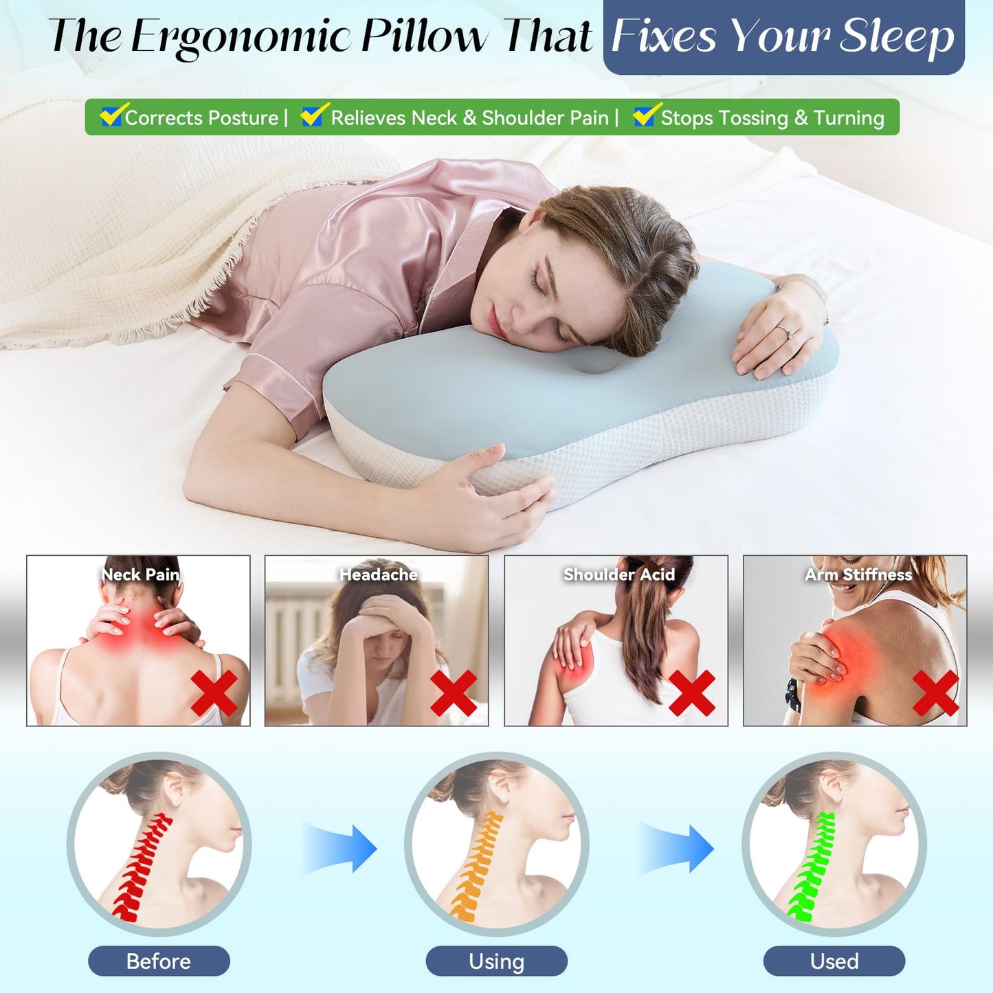 SHJADE Cervical Pillow for Neck and Shoulder Support, Ergonomic Contour Sleeper Pillows, Adjustable Height Memory Foam Bed Pillow with Breathable Pillowcase for Back, Side, Stomach Sleeper - Medaid International