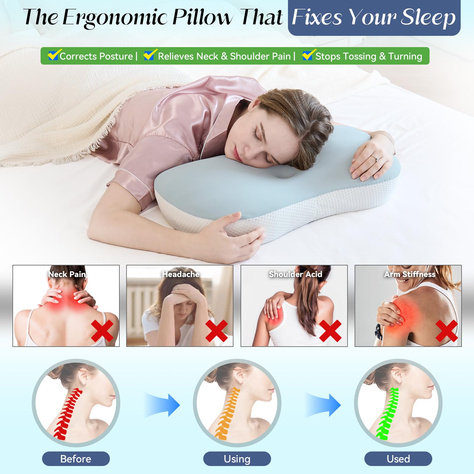 SHJADE Cervical Pillow for Neck and Shoulder Support, Ergonomic Contour Sleeper Pillows, Adjustable Height Memory Foam Bed Pillow with Breathable Pillowcase for Back, Side, Stomach Sleeper - Medaid International