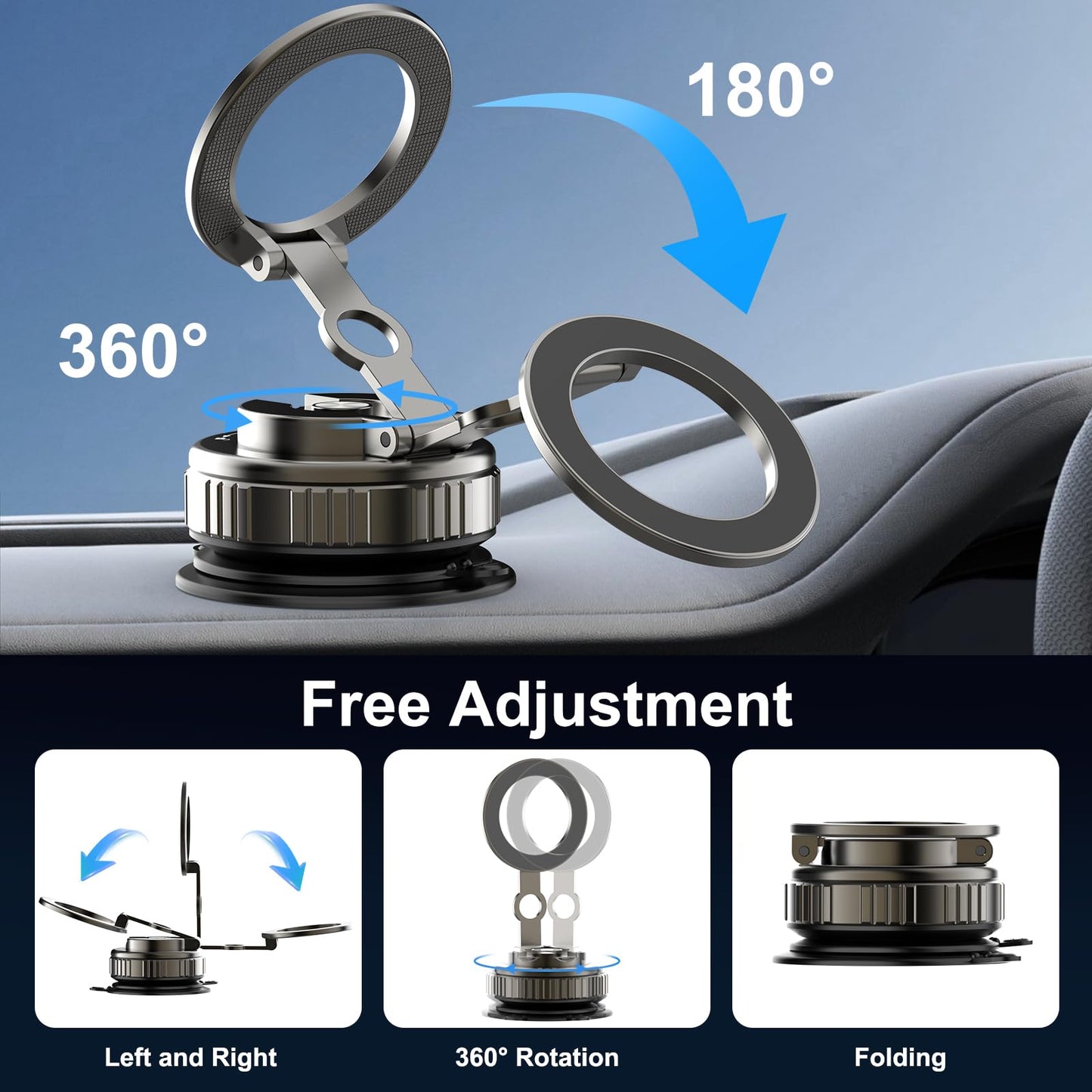 Kairiyard Vacuum Magnetic Phone Holders for Your Car, 360 Adjustable Foldable Strongest Magnet Suction Cup Car Cell Phone Holder Mount Stand Compatible with MagSafe iPhone All Smartphones - Medaid International