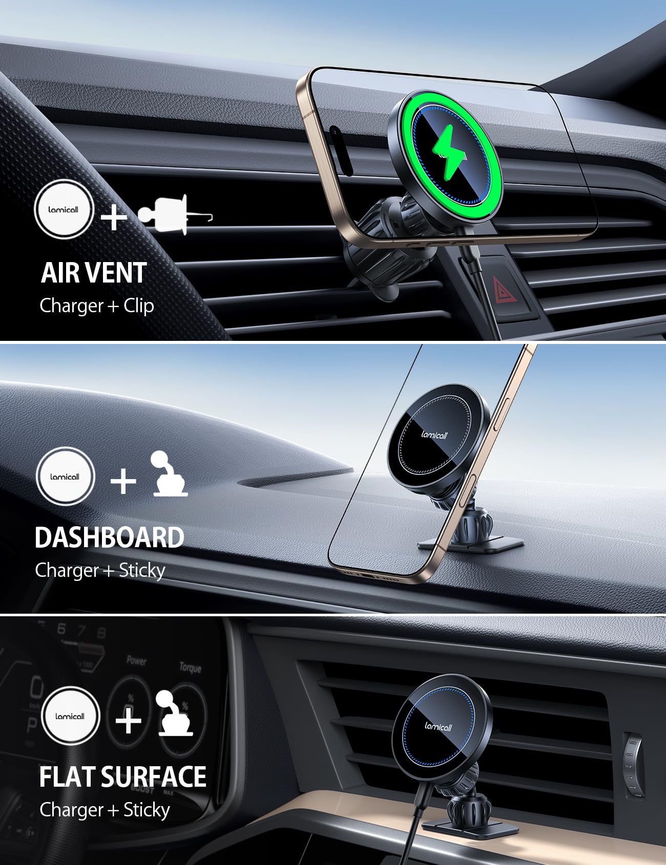 Lamicall 15W for Magsafe Car Mount Charger - [3-in-1 Upgraded Intelligent Chip] 360° Wireless Car Phone Holder Charger Vent Dashboard Magnetic Phone Holders for Your Car for iPhone 17 16 15 Pro Max - Medaid International