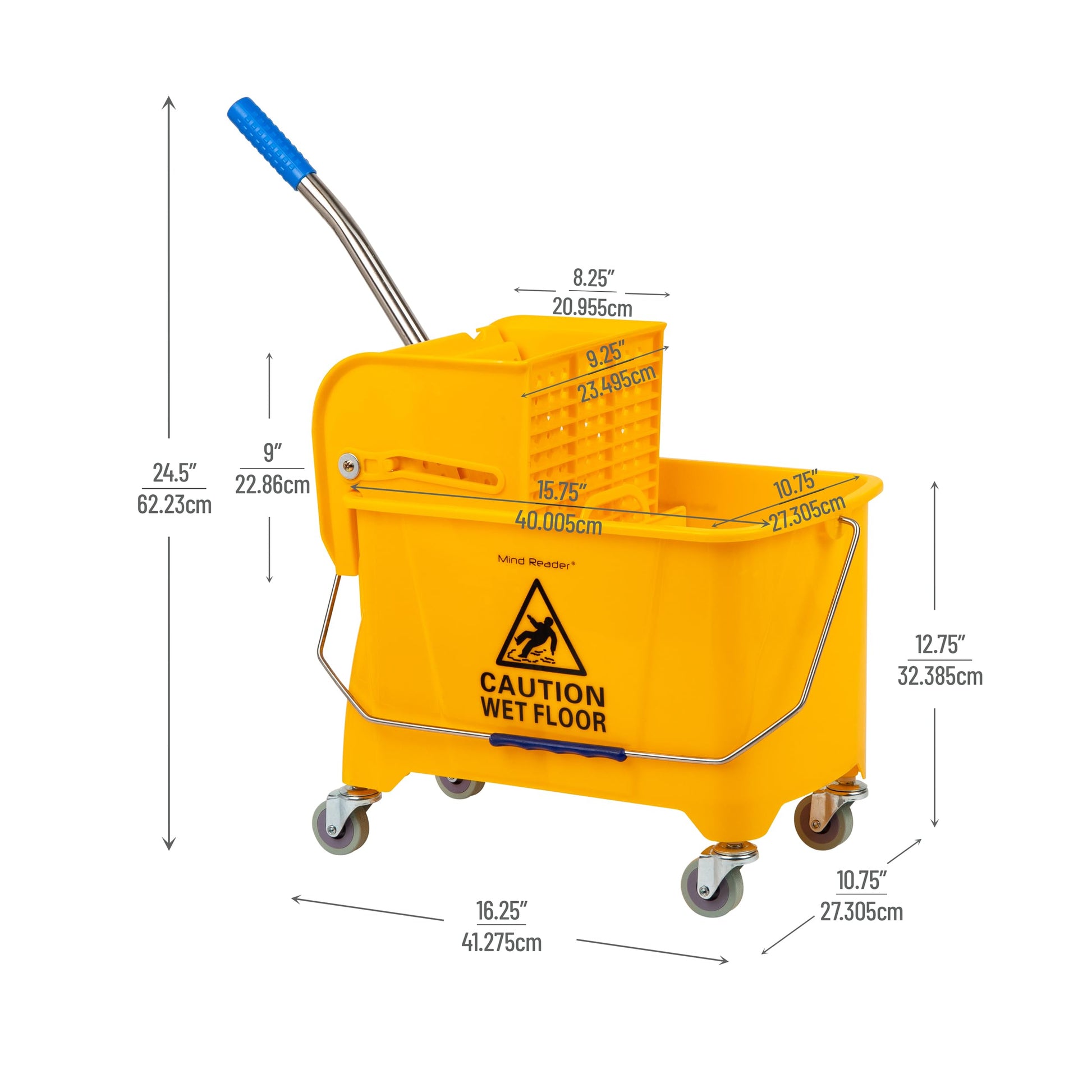 Mind Reader Mop Bucket with Wringer, 22 Qt (5.5 Gallon), Floor Cleaning, Handle, Wheels, 16.25"L x 10.75"W x 24.5"H, Yellow - Medaid International