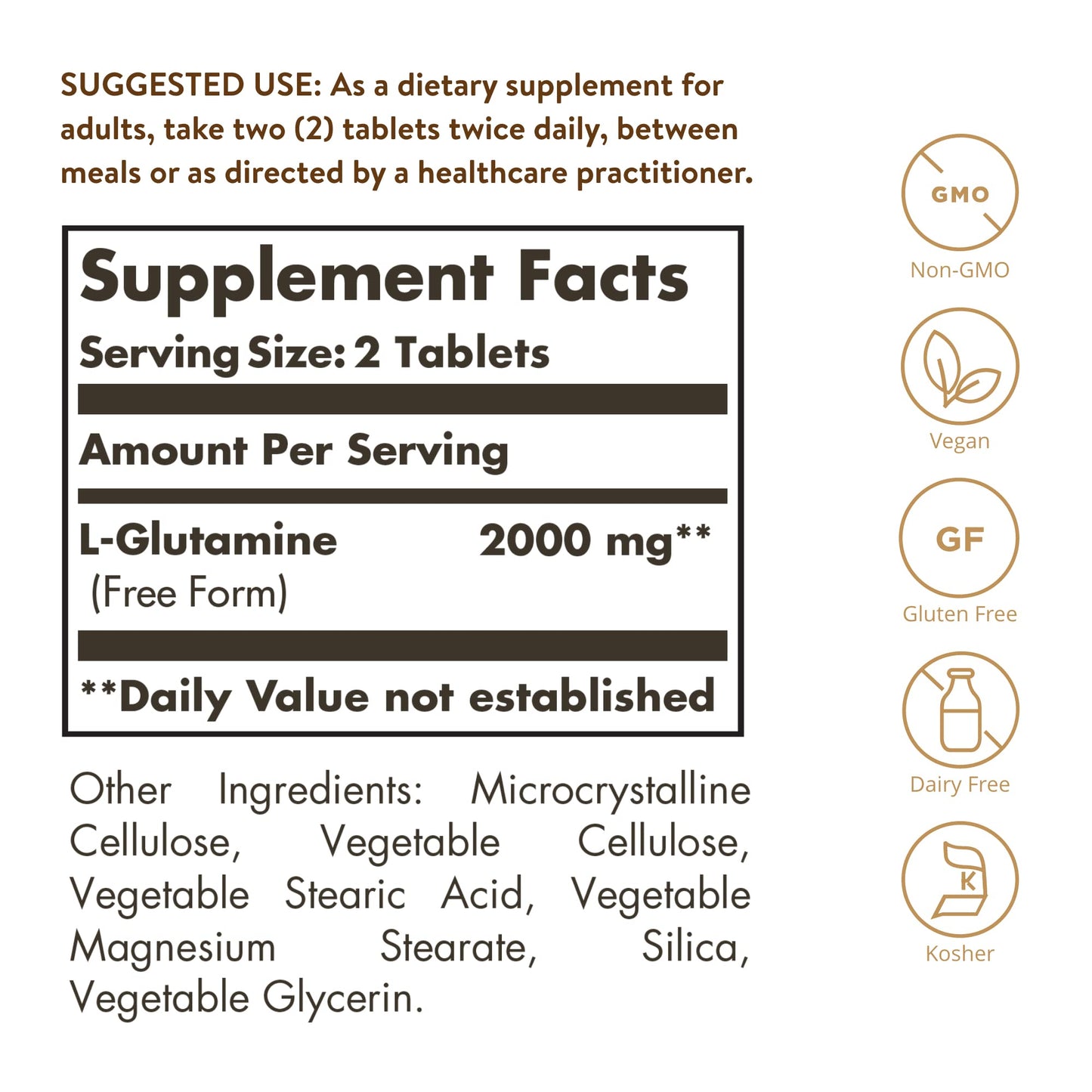 Solgar L-Glutamine 1000 mg, 60 Tablets - Natural Muscle Food - Promotes Gastrointestinal (GI) Health - Supports Brain Health - Non-GMO, Vegan, Gluten Free, Kosher - 30 Servings - Medaid International