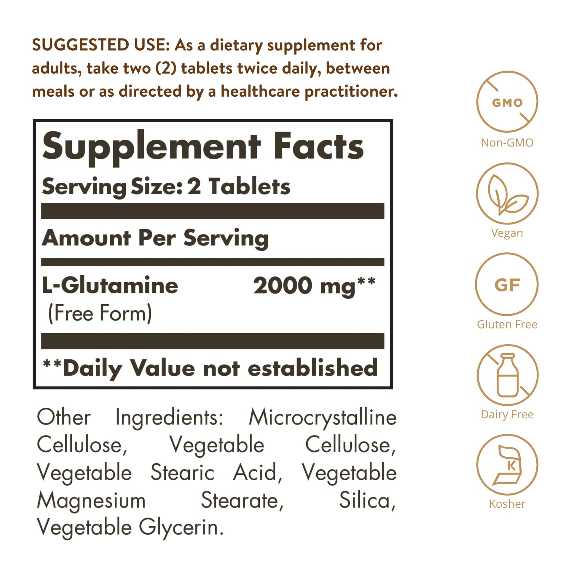 Solgar L-Glutamine 1000 mg, 60 Tablets - Natural Muscle Food - Promotes Gastrointestinal (GI) Health - Supports Brain Health - Non-GMO, Vegan, Gluten Free, Kosher - 30 Servings - Medaid International
