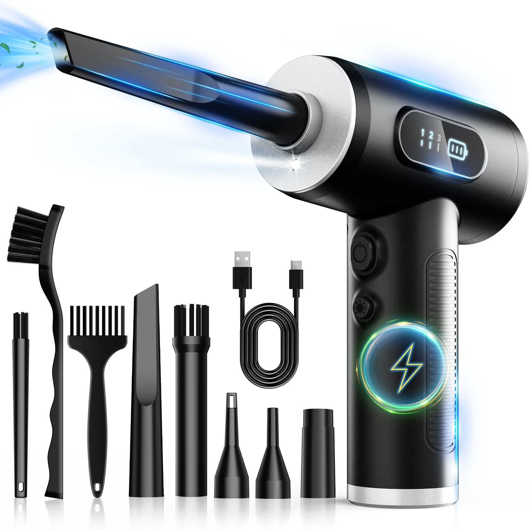 Compressed Air Duster-3 Gear Adjustable 100000RPM Electric Air Duster with LED Light, Rechargeable Cordless Air Blower for Keyboard Electric Devices Cleaning. Replaces Compressed Air Cans (Black) - Medaid International