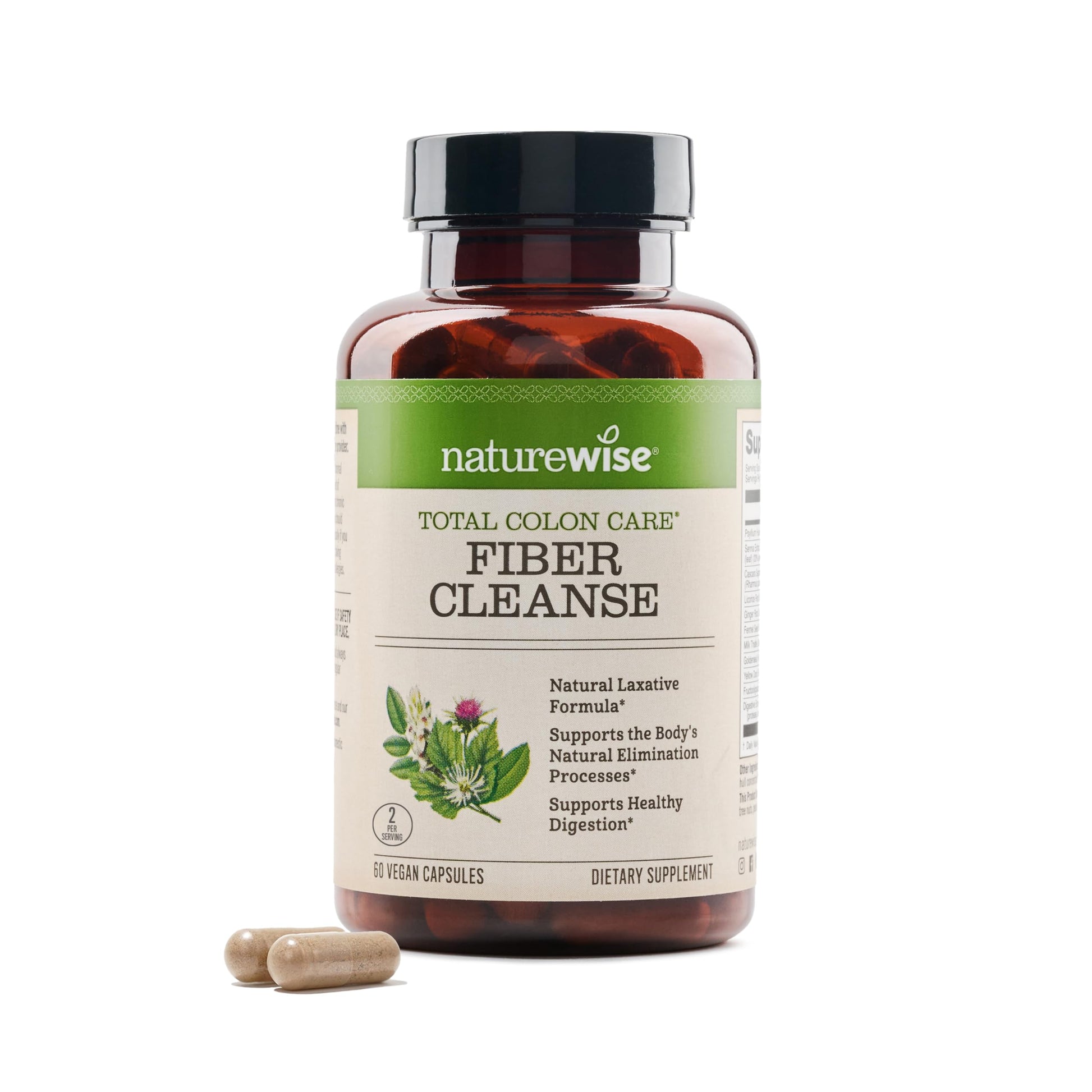 NatureWise Total Colon Care Fiber Cleanse - Natural Laxative Blend - Herbal Laxatives, Prebiotics, & Enzymes for Regularity, Digestion, Weight & Gut Health - Non-GMO - 60 Capsules[30-Day Supply] - Medaid International