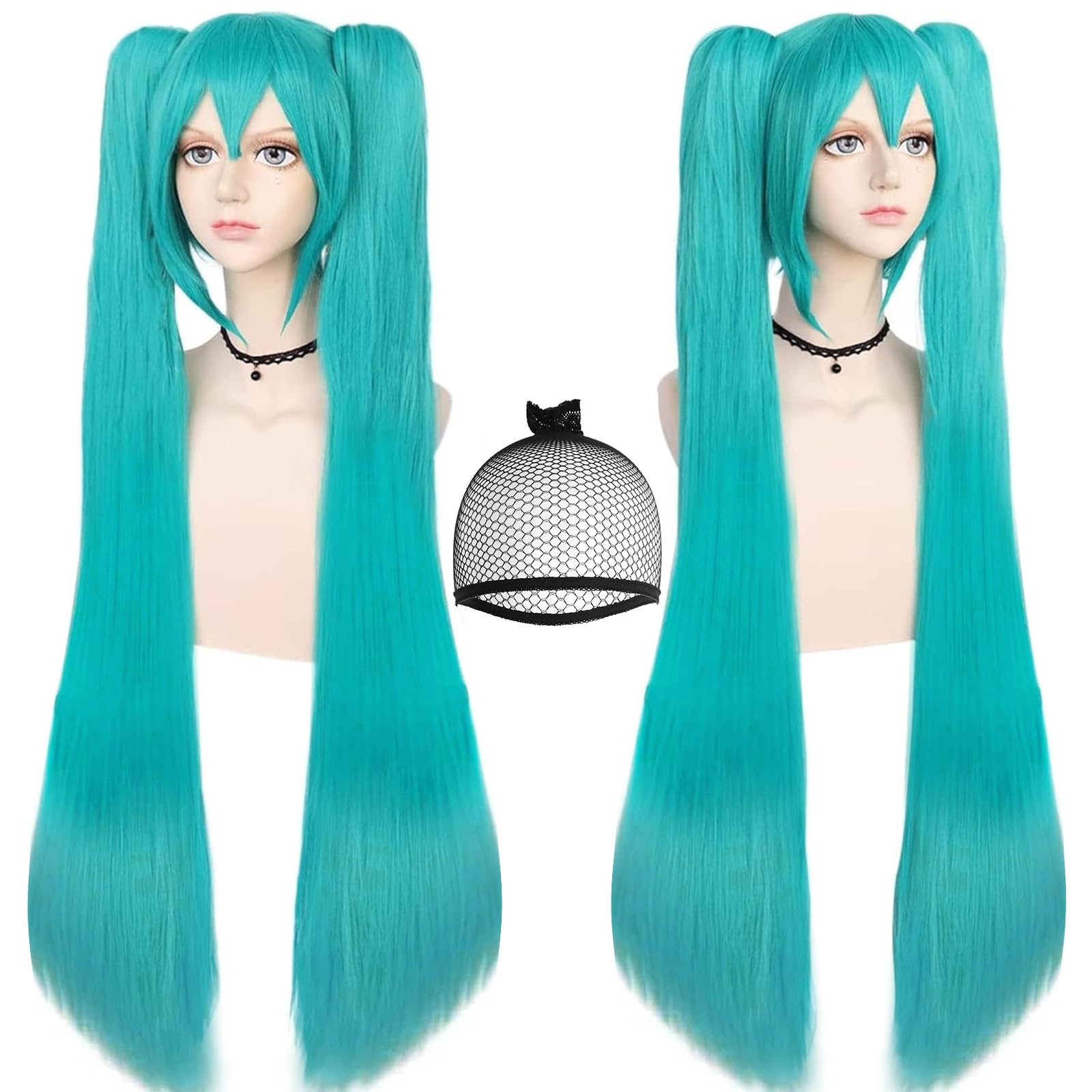 ANOGOL Hair Cap+48inch/120cm Green Wig Cosplay Green Teal wig Double Ponytail Wig, Long Green Lolita Wig For Halloween Costume, Long Green Wig With Bangs Straight wig For Halloween Party Cosplay Wig - Medaid International