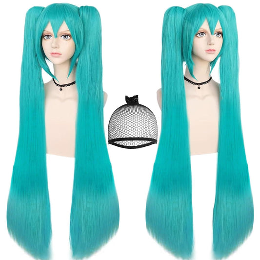 ANOGOL Hair Cap+48inch/120cm Green Wig Cosplay Green Teal wig Double Ponytail Wig, Long Green Lolita Wig For Halloween Costume, Long Green Wig With Bangs Straight wig For Halloween Party Cosplay Wig - Medaid International