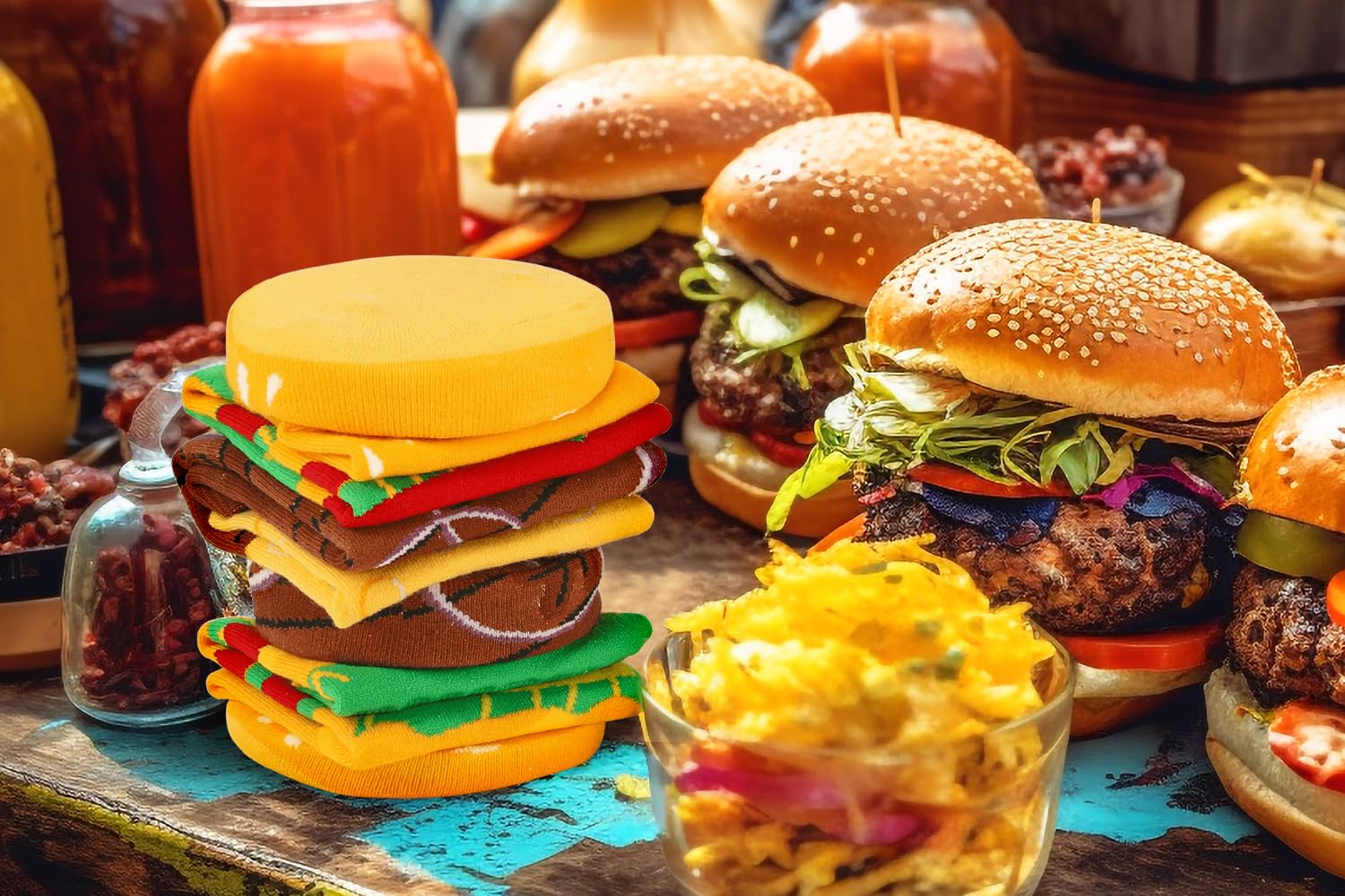 Funny Burger Socks Box for Men Teen Boys Dad Women - Fun Crazy Novelty Cool Silly Hamburger Funky Food Socks Gifts - Unique Gag Gift Ideas for Mens Birthday Father Day Christmas Stocking Stuffers - Medaid International