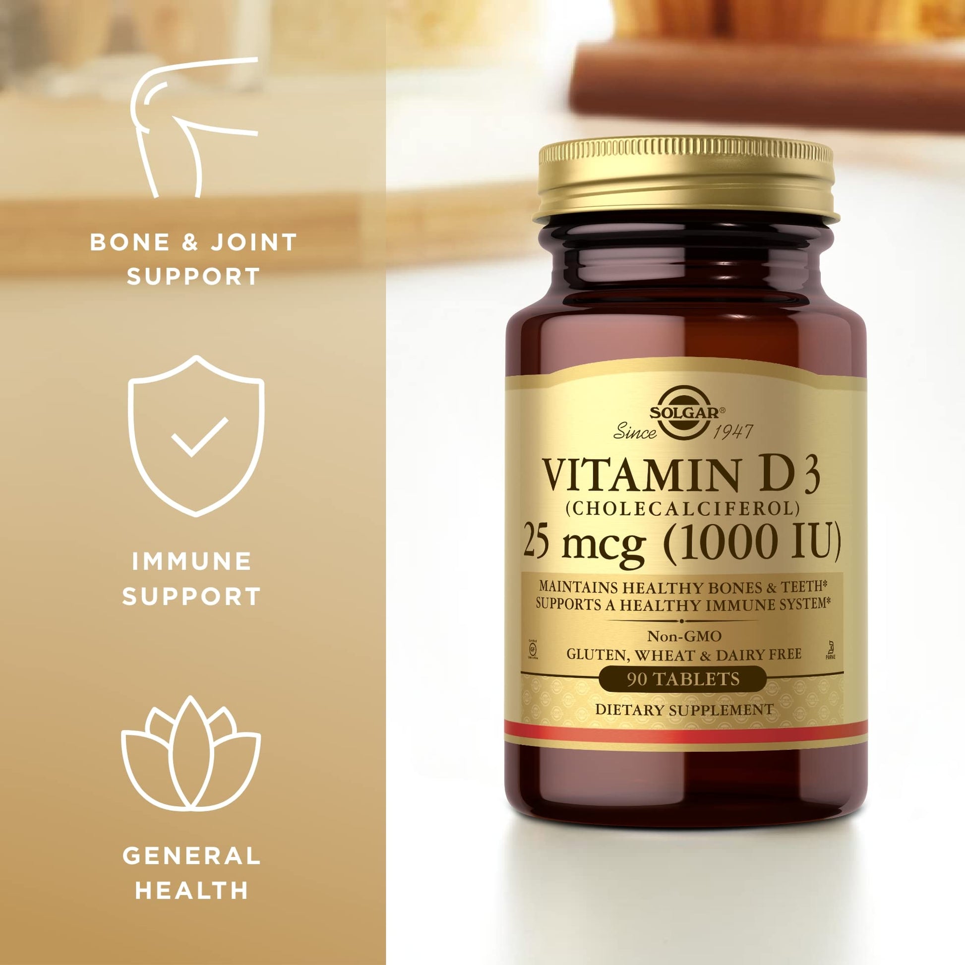 Solgar Vitamin D3 (Cholecalciferol) 25 mcg (1000 IU) - 90 Tablets - Helps Maintain Healthy Bones & Teeth - Immune System Support - Non-GMO, Gluten Free, Dairy Free, Kosher - 90 Servings - Medaid International