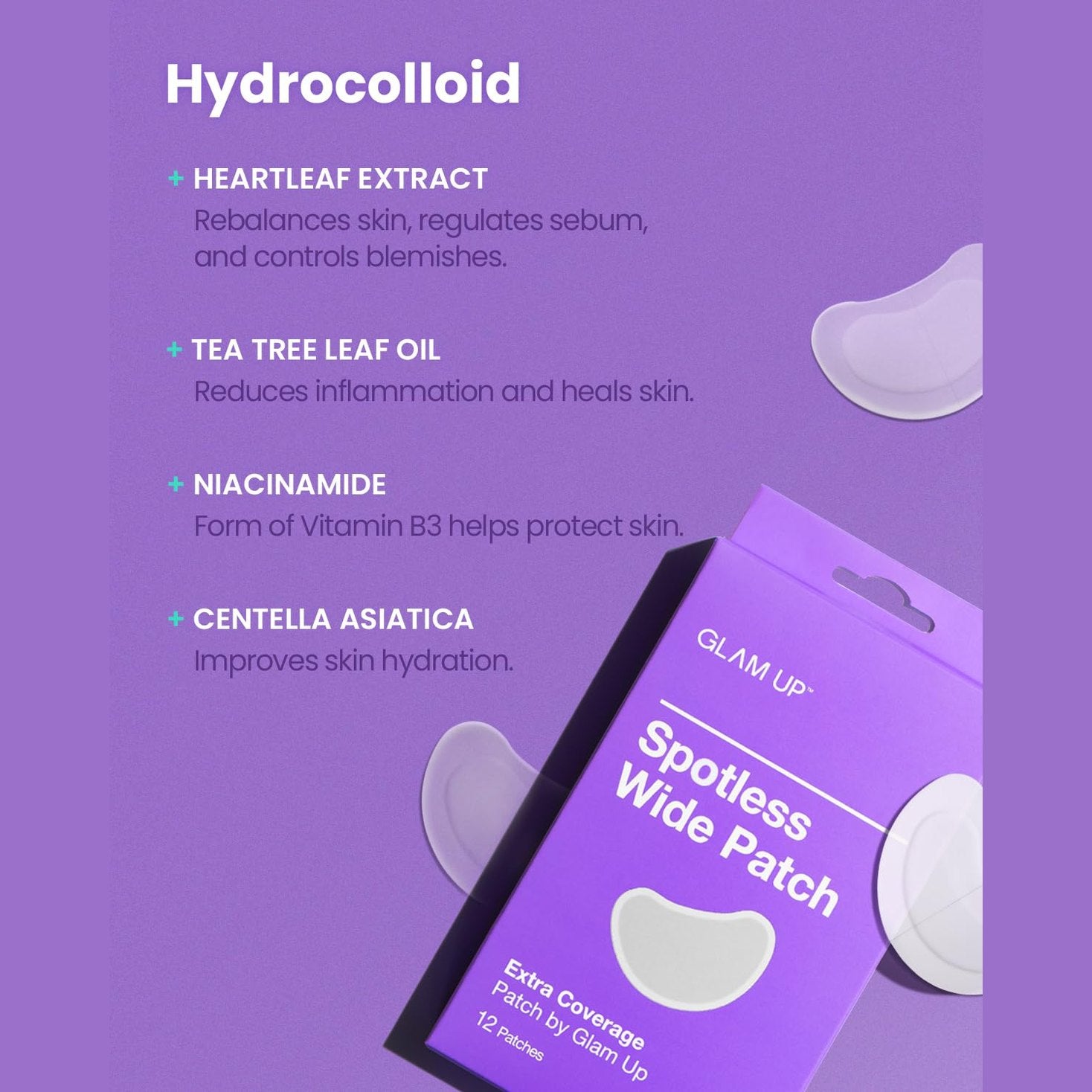 GLAM UP Spotless Patch - Hydrocolloid Spot Patch for Wide Acne area, Cheek, Body, Blackhead Cruelty Free and Vegan Friendly (12 Count) - Medaid International