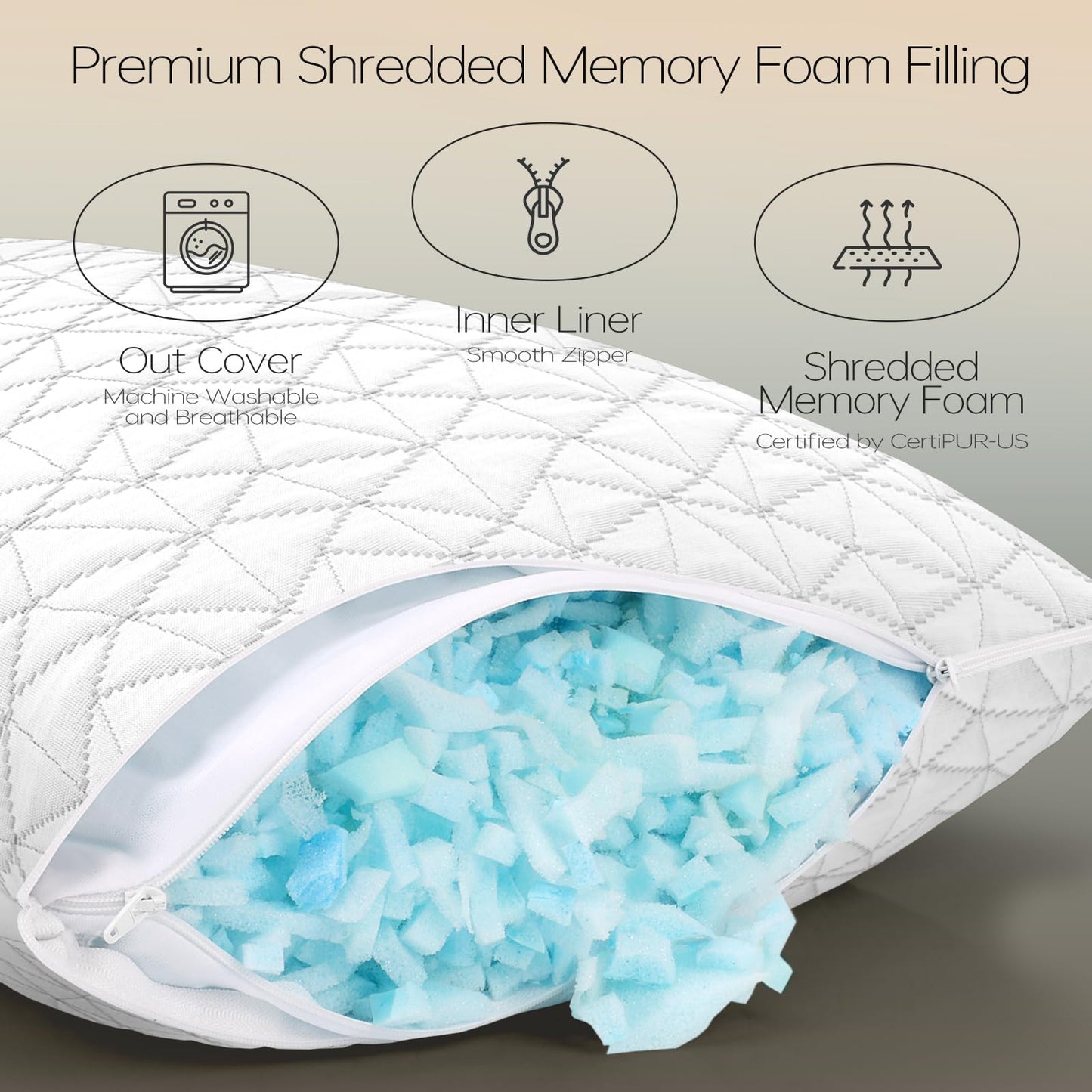 CushyOasis Shredded Memory Foam Pillows, Bed Pillows for Sleeping, Queen Size Pillows, Cooling Pillow, Stomach and Back Sleepers with Removable Washable Pillowcase (Queen*1) - Medaid International