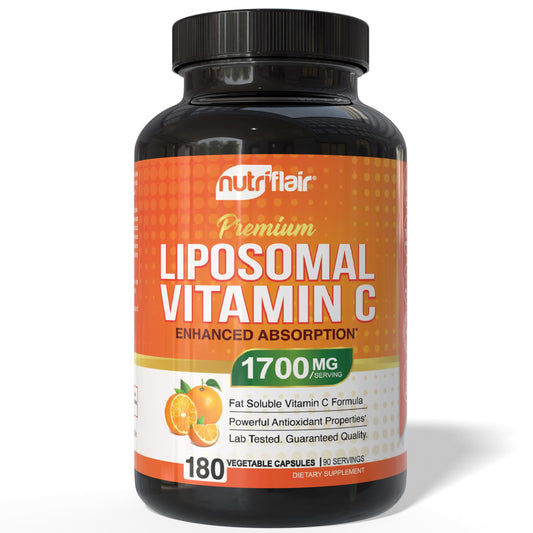 NutriFlair Liposomal Vitamin C 1700mg, 180 Capsules - High Absorption, Fat Soluble VIT C, Higher Bioavailability Immune System Support & Collagen Booster, Non-GMO, Vegan Pills - Medaid International