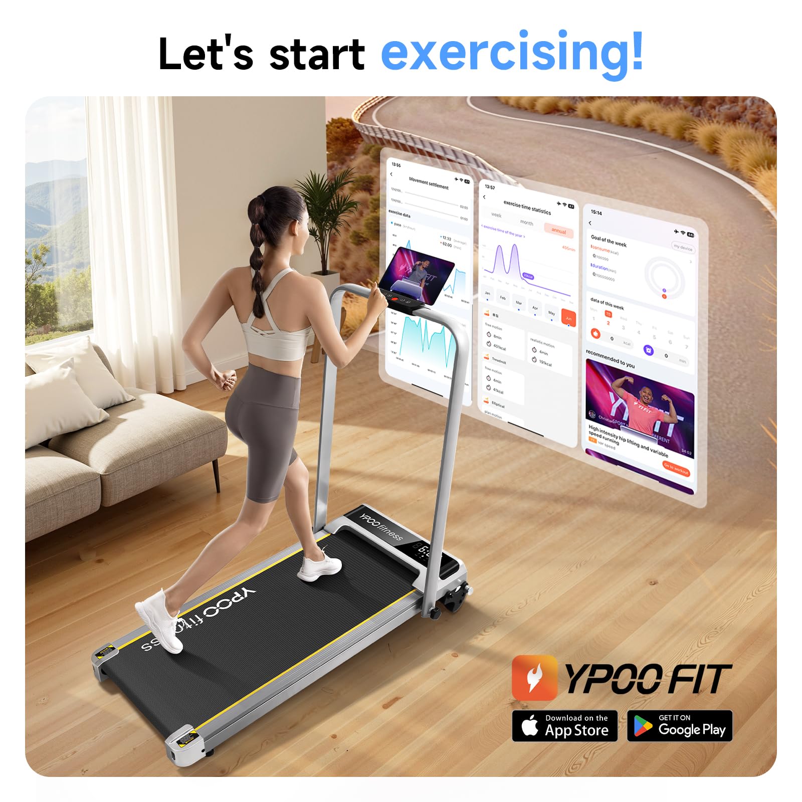 YPOO Walking Pad with Handles, Walking Pad Treadmill with Incline, 2 in 1 Foldable Treadmills for Home Small Spaces, Portable Under Desk Treadmill with 3-Level Incline, Compact Design - Medaid International