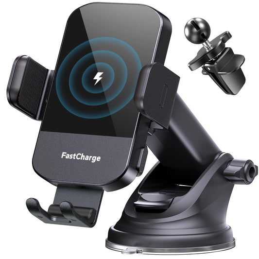 CHGeek Wireless Car Charger, 15W Fast Charging Auto Clamping Car Charger Phone Mount Phone Holder fit for iPhone 16 15 14 13 12 Pro Max 11 XR XS, Samsung Galaxy S24 Ultra S23 S22 S21, S20, S10+, Black - Medaid International