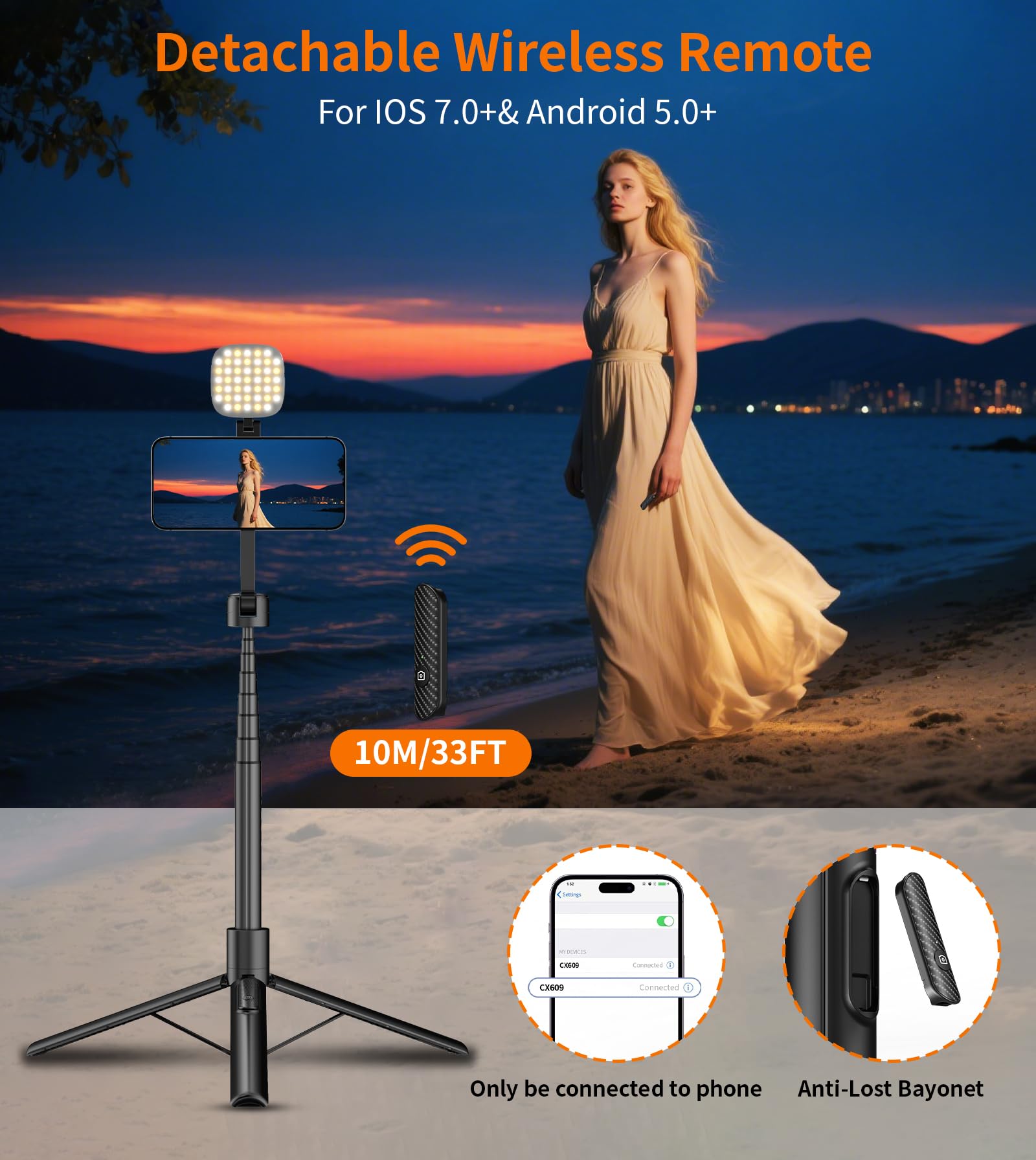 TONEOF 173cm Magnetic Mobile Phone Tripie with Light, 360° Rotating Selfie Stick Tripod, Mobile Phone Tripod with Metal Ring and Remote Control, Video Kit Compatible with iPhone and Android - Medaid International