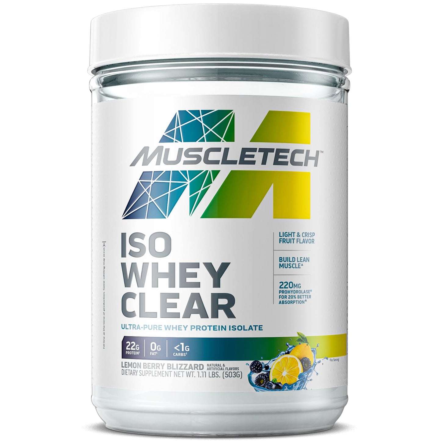 MuscleTech Whey Protein Powder Clear Whey Protein Isolate Whey Isolate Protein Powder for Women & Men Clear Protein Drink 22g of Protein, 90 Calories Lemon Berry Blizzard, 1.1lb(19 Servings) - Medaid International