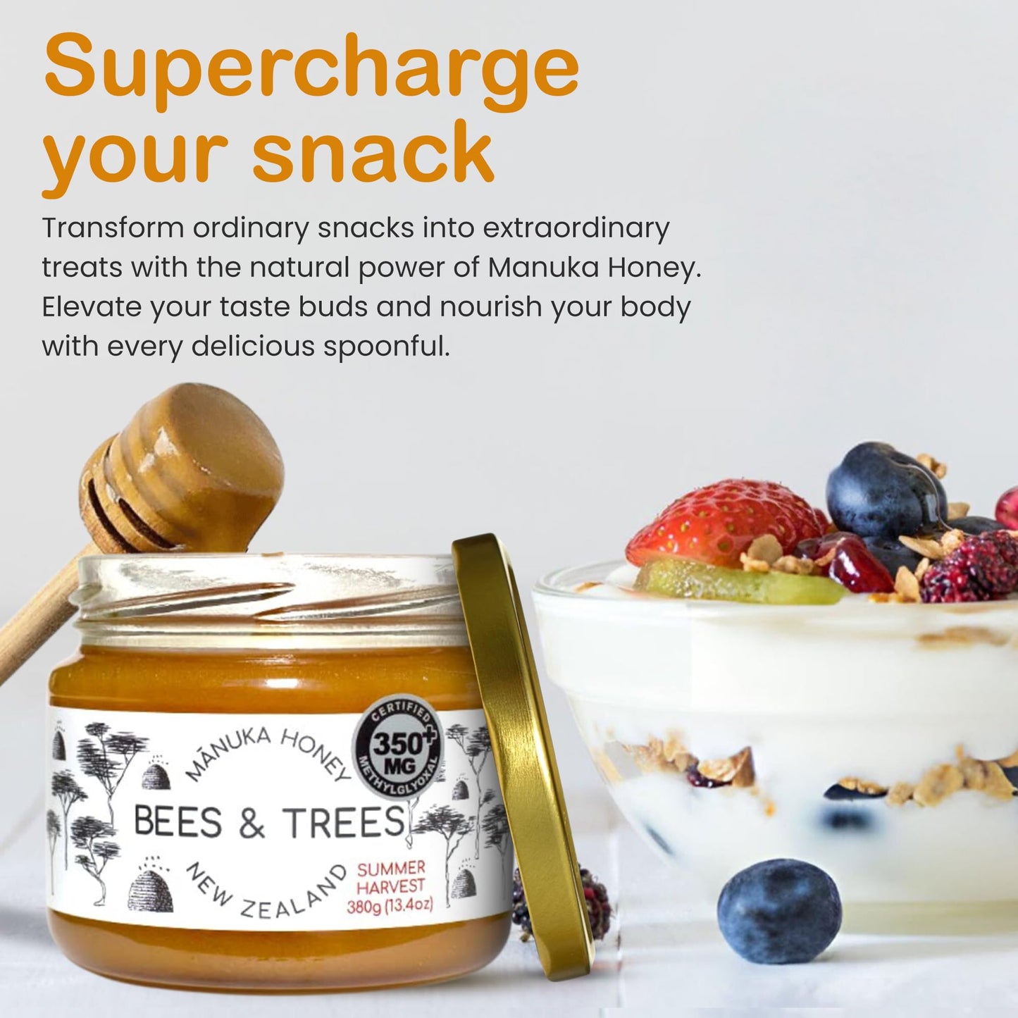 Bees & Trees Manuka Honey 350+ MGO – Pure New Zealand Raw Monofloral Honey – Unpasteurized & Natural – 380g (13.4oz) Glass Jar – Perfect for Coffee, Tea & Daily Wellness - Medaid International