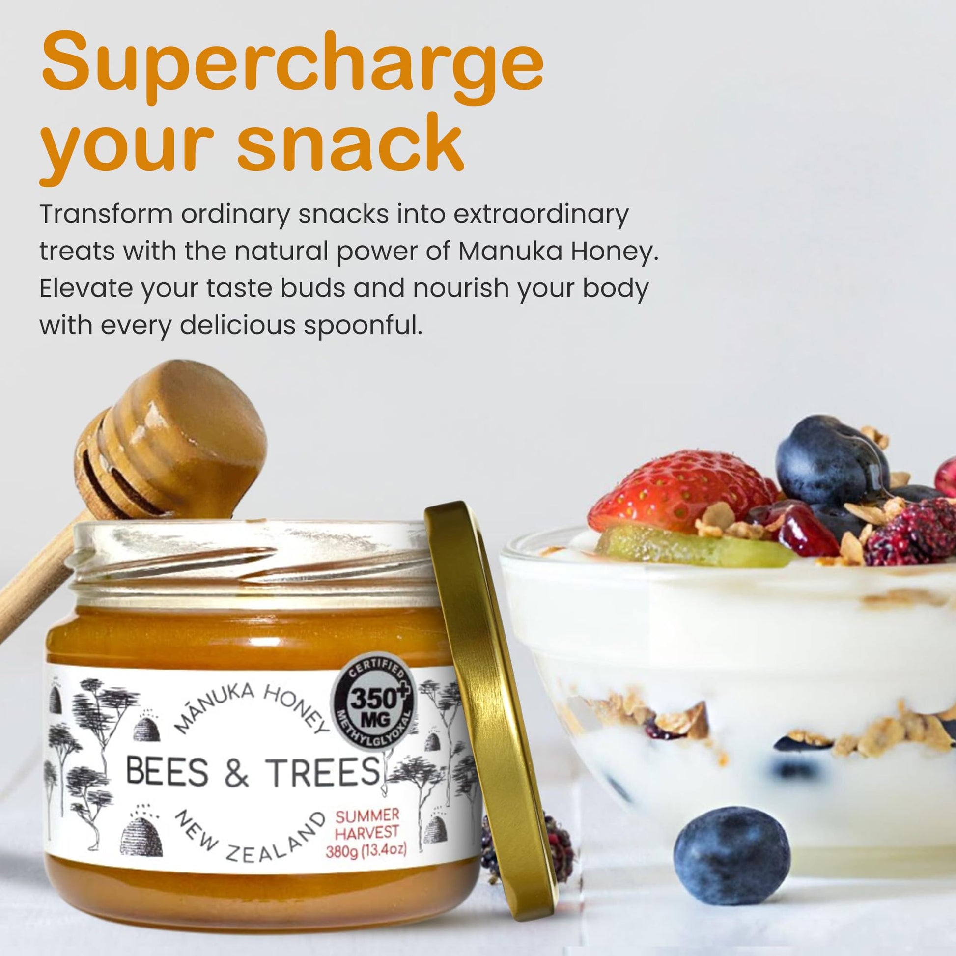 Bees & Trees Manuka Honey 350+ MGO – Pure New Zealand Raw Monofloral Honey – Unpasteurized & Natural – 380g (13.4oz) Glass Jar – Perfect for Coffee, Tea & Daily Wellness - Medaid International