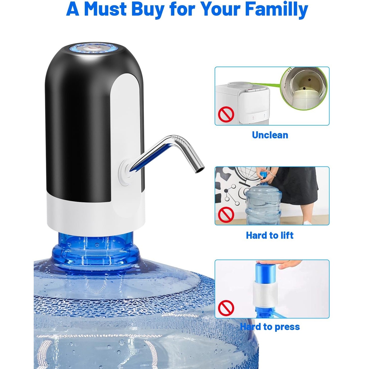 Myvision Water Dispenser for 5 Gallon Bottle, Portable USB Charging Electric Water Pump, Drinking Water Jug Pump for Home, Kitchen, Living Room, Office, Camping, Universal for 3-5 Gallon (Black) - Medaid International