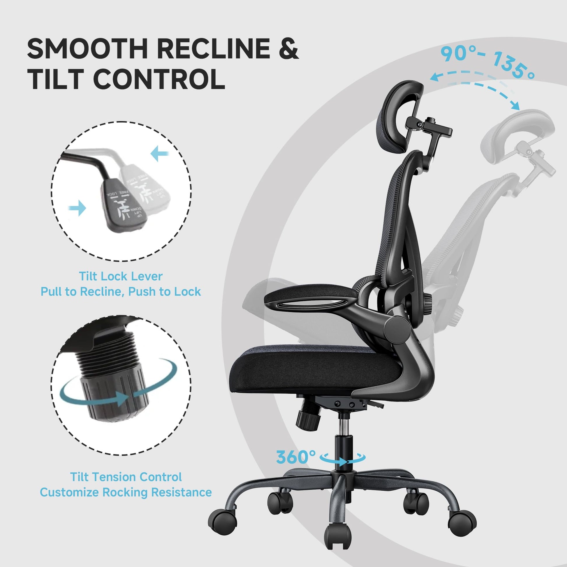 PKPT Ergonomic Desk Chair with Adjustable Lumbar Support & Headrest, 330 LBS High Back Mesh Office Chair with Adjustable Armrest for Long Hours, Executive Large Computer Chair, Black - Medaid International