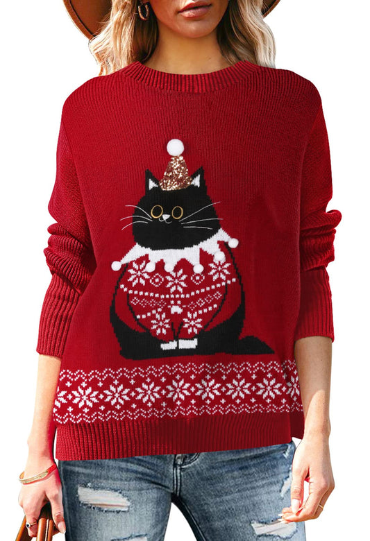 Pink Queen Women's Ugly Christmas Santa Snowflake Cat Print Knitted Winter Pullover Sweater Jumper Top Dark Red M - Medaid International