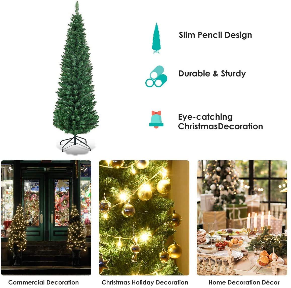 Giantex, Green Artificial Pencil Christmas, Premium Hinged Pine Tree with Solid Metal Legs, Perfect for Home, Shops and Holiday Decoration, (5FT) (Artificial Pencil Christmas Tree) - Medaid International