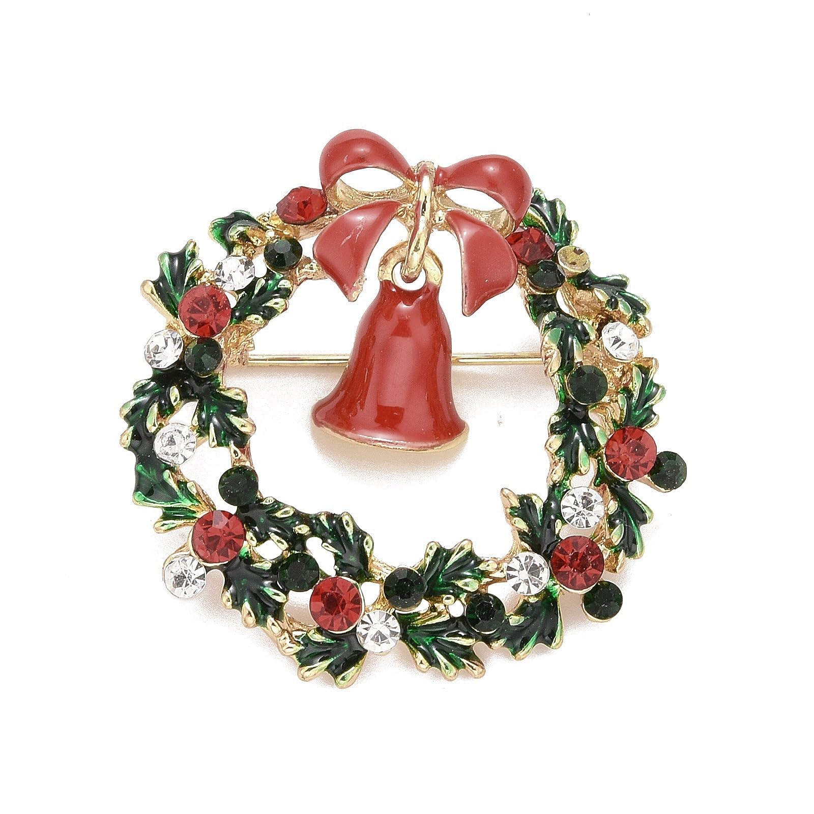 Christmas Enamel Rhinestone Pin Xmas Wreath with Bell Brooches Lapel Pins Dainty Holiday Christmas Dress Accessories Jewelry - Medaid International