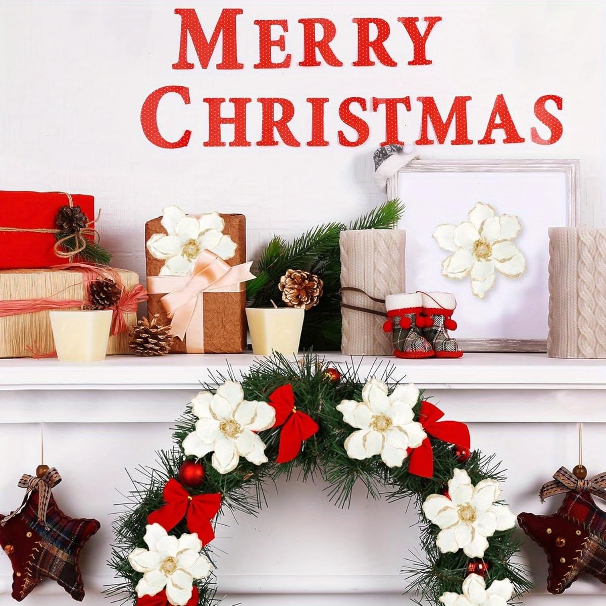 1Pc Glitter White Golden Artificial Flowers, Ideal for Christmas Tree, Wreath and DIY Ornaments for Xmas, New Year, Wedding Party & Holiday Decor - Medaid International