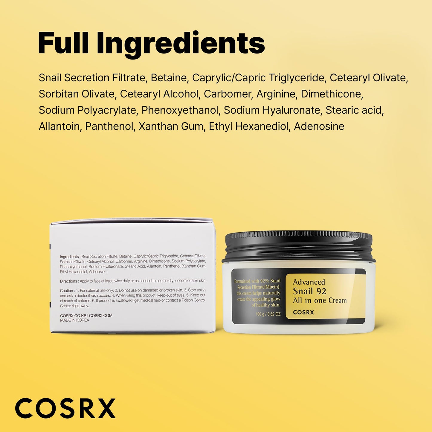 COSRX Snail Mucin 92% Face Moisturizer, 3.52 Oz, Lightweight Moisturing Cream for Soft, Glowy Skin, Korean Skin Care, Korean Moisturizer Face Cream, Stocking Stuffers for Women - Medaid International