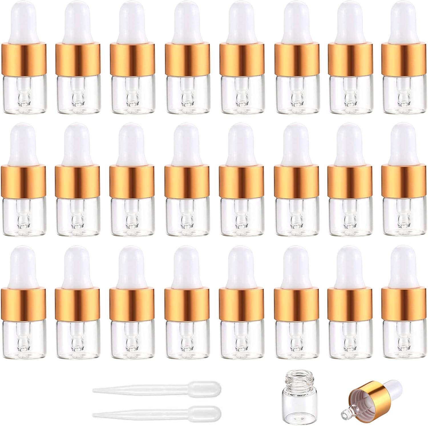 Yalbdopo 24Pcs, 1Ml Transparent Glass Sample Dropper Bottles, Empty Mini Bottles with Dropper Pipettes Gold Aluminum Alloy Cap Refillable Sample Container for Essential Oil Perfume Cosmetic Liquid - Medaid - Lebanon