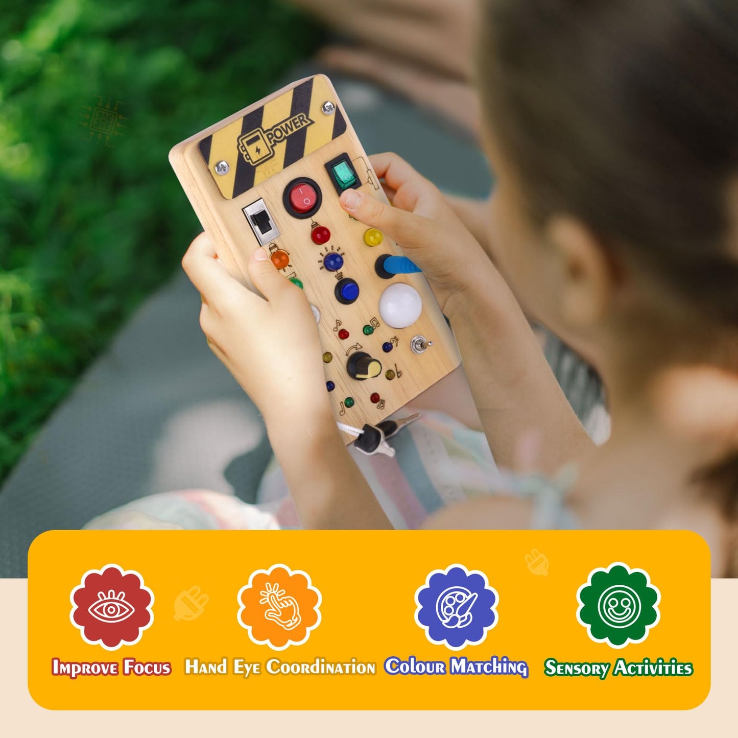 Montessori Wooden Busy Board with 8 LED Light switches, Sensory Toys Light Switch Travel Toys for 1+ Year Old Baby and Toddler - Medaid International