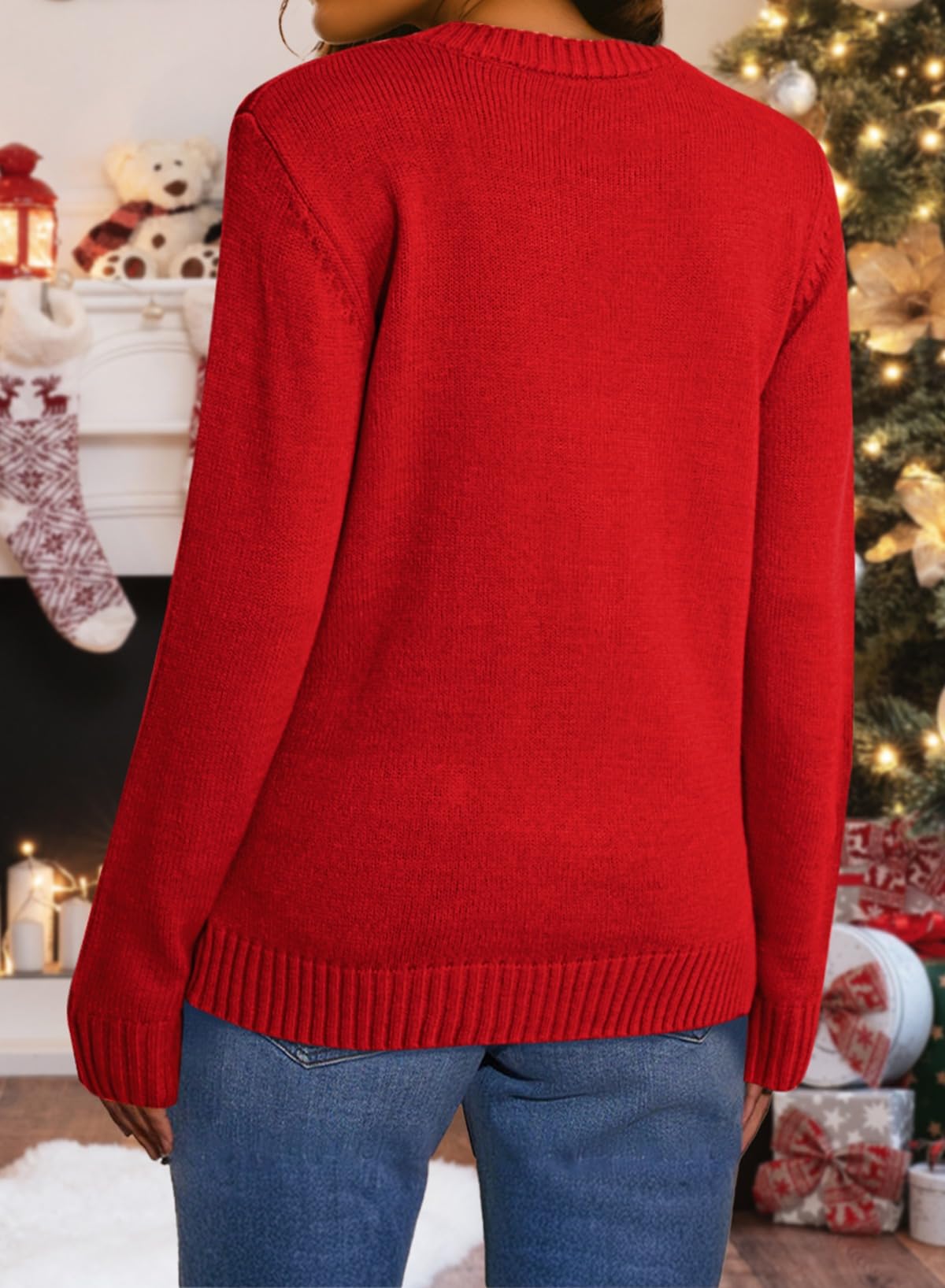 Pink Queen Women's Ugly Christmas Santa Snowflake Cat Print Knitted Winter Pullover Sweater Jumper Top Dark Red M - Medaid International