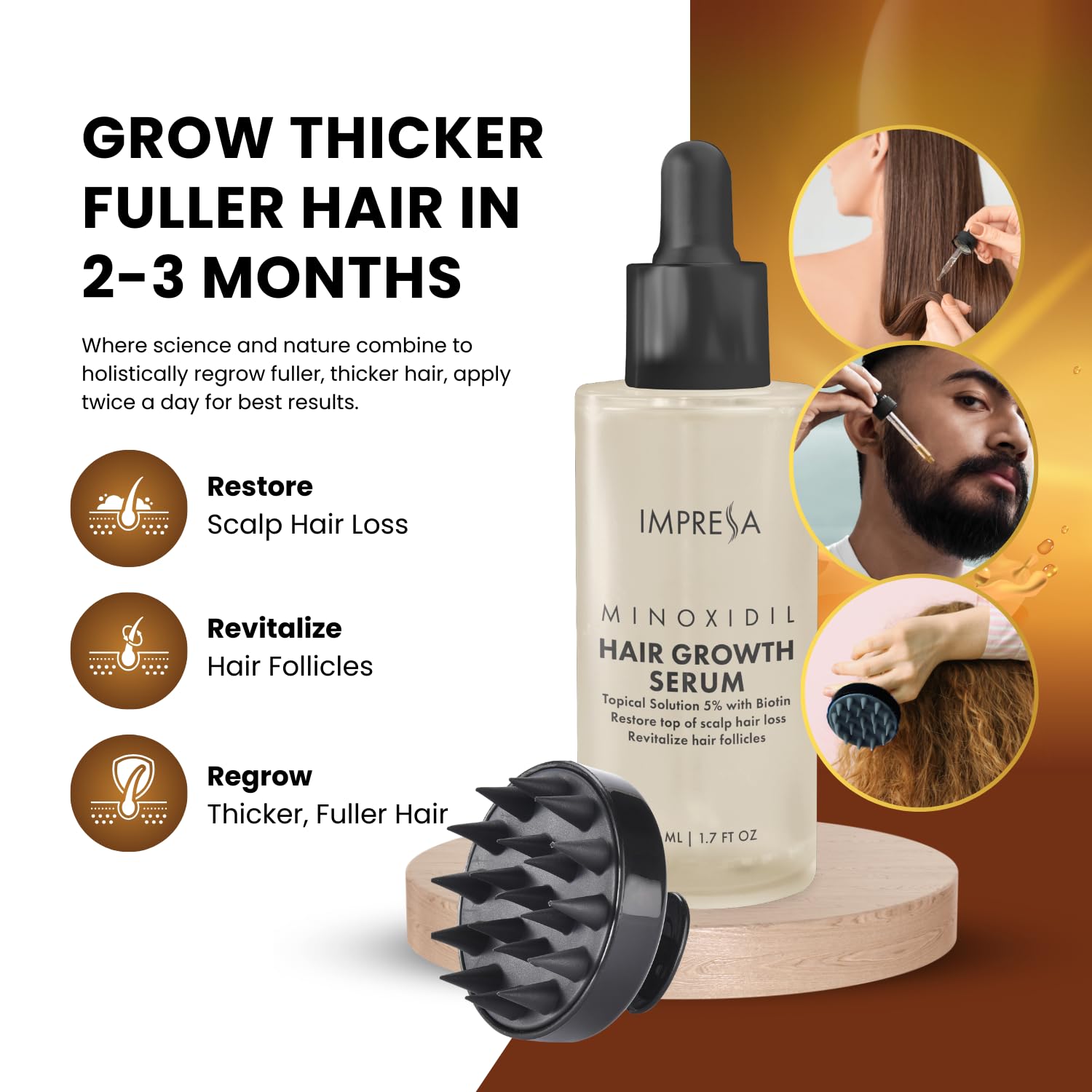 IMPRESSA Hair Growth Kit, 5% Minoxidil with Biotin and Natural Oil, Hair Regrowth for Men and Women, Hair Loss Treatments, Scalp Massager, 1.7 Fl Oz, Unisex Adult - Medaid International