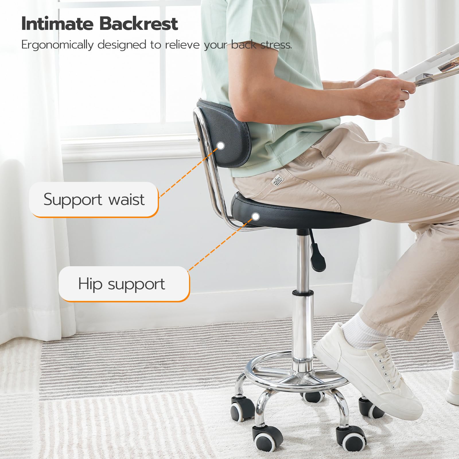 HOOBRO Height Adjustable Rolling Stool, 360° Rotating Drafting Chair, Multi-Purpose Office Desk Chair, Rolling Swivel Salon Stool Chair, for Barber Shop, Nail Salon, Office, Black SB01BY01G1 - Medaid International