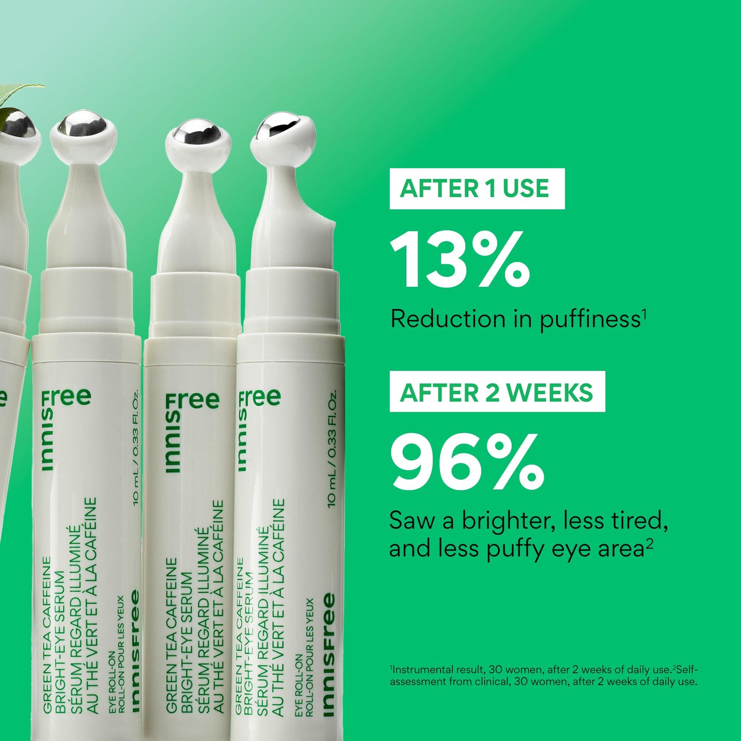 innisfree Green Tea Caffeine Depuffing Eye Serum with Niacinamide, Cooling Korean Eye Roll-On for Hydration and Brightening - Medaid International