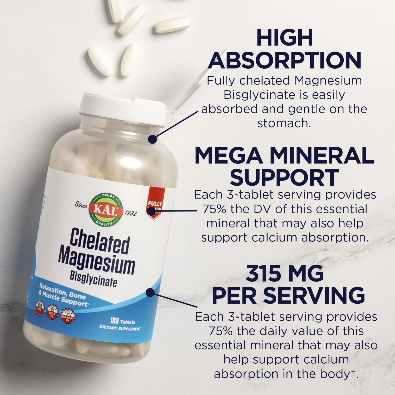 KAL Chelated Magnesium Bisglycinate, Magnesium Supplement for Relaxation, Bone Health, Nerve & Muscle Function Support*, High Absorption, Gentle Digestion, Vegan, Gluten Free, 60 Servings, 180 Tablets - Medaid International