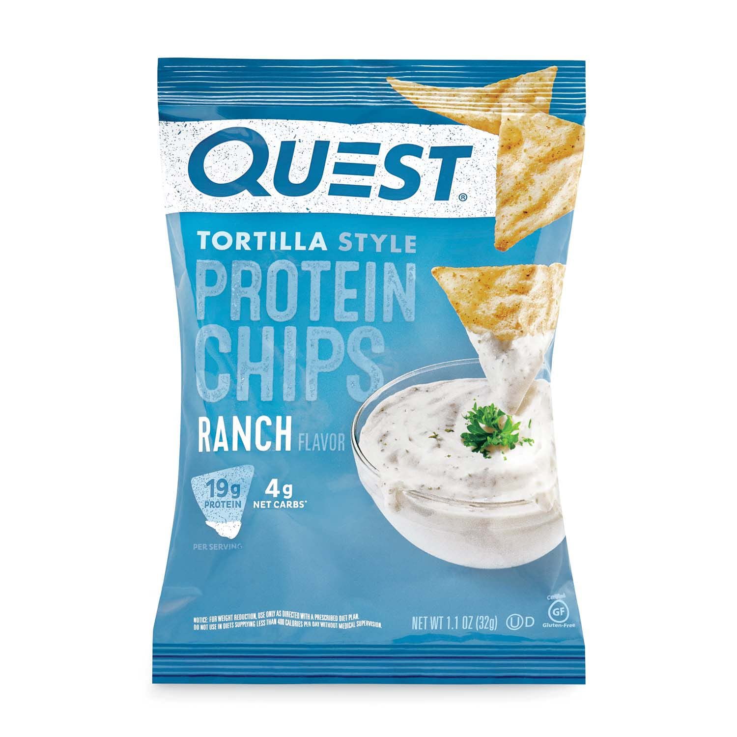 Quest Nutrition Tortilla Style Protein Chips, Ranch, Low Carb, Gluten Free, Baked, 1.1 Ounce (Pack of 8) - Medaid International