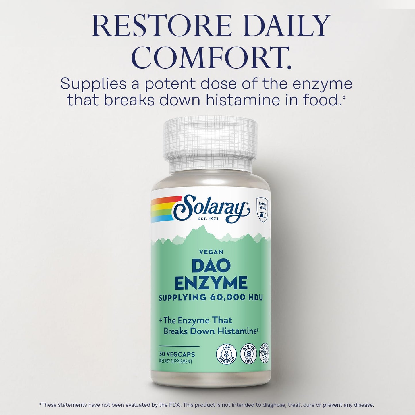 SOLARAY DAO Enzyme - Digestive Enzyme That Breaks Down Histamine - 60,000 HDU - Digestive Enzymes - Vegan, Gluten Free, Lab Verified - 30 Servings, 30 VegCaps - Medaid International