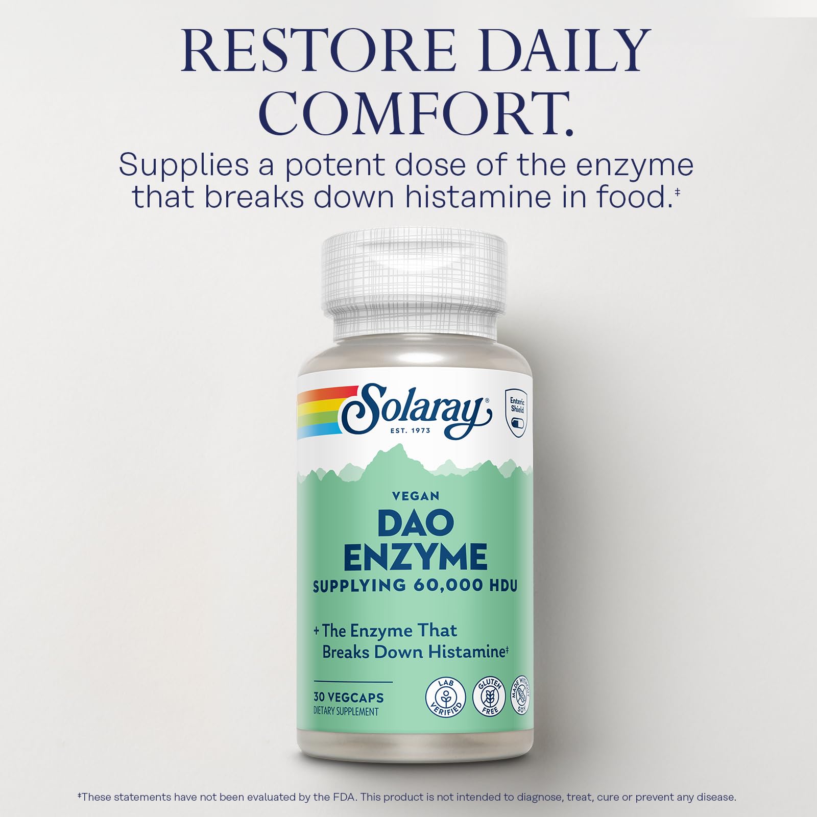 SOLARAY DAO Enzyme - Digestive Enzyme That Breaks Down Histamine - 60,000 HDU - Digestive Enzymes - Vegan, Gluten Free, Lab Verified - 30 Servings, 30 VegCaps - Medaid International