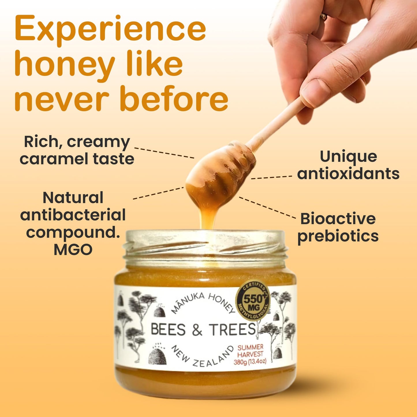 Bees & Trees Manuka Honey 550+ MGO – Pure New Zealand Raw Monofloral Honey – Unpasteurized & Natural – 380g (13.4oz) Glass Jar – Perfect for Coffee, Tea & Daily Wellness - Medaid International