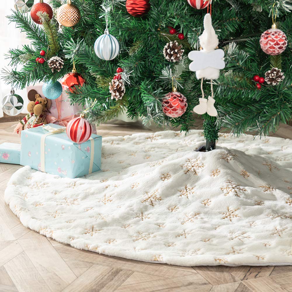 Amidaky Christmas Tree Skirt 36 inches White Faux Fur Gold Snowflake Sequin Embroidered Luxury Tree Skirt Xmas Decoration - Medaid International